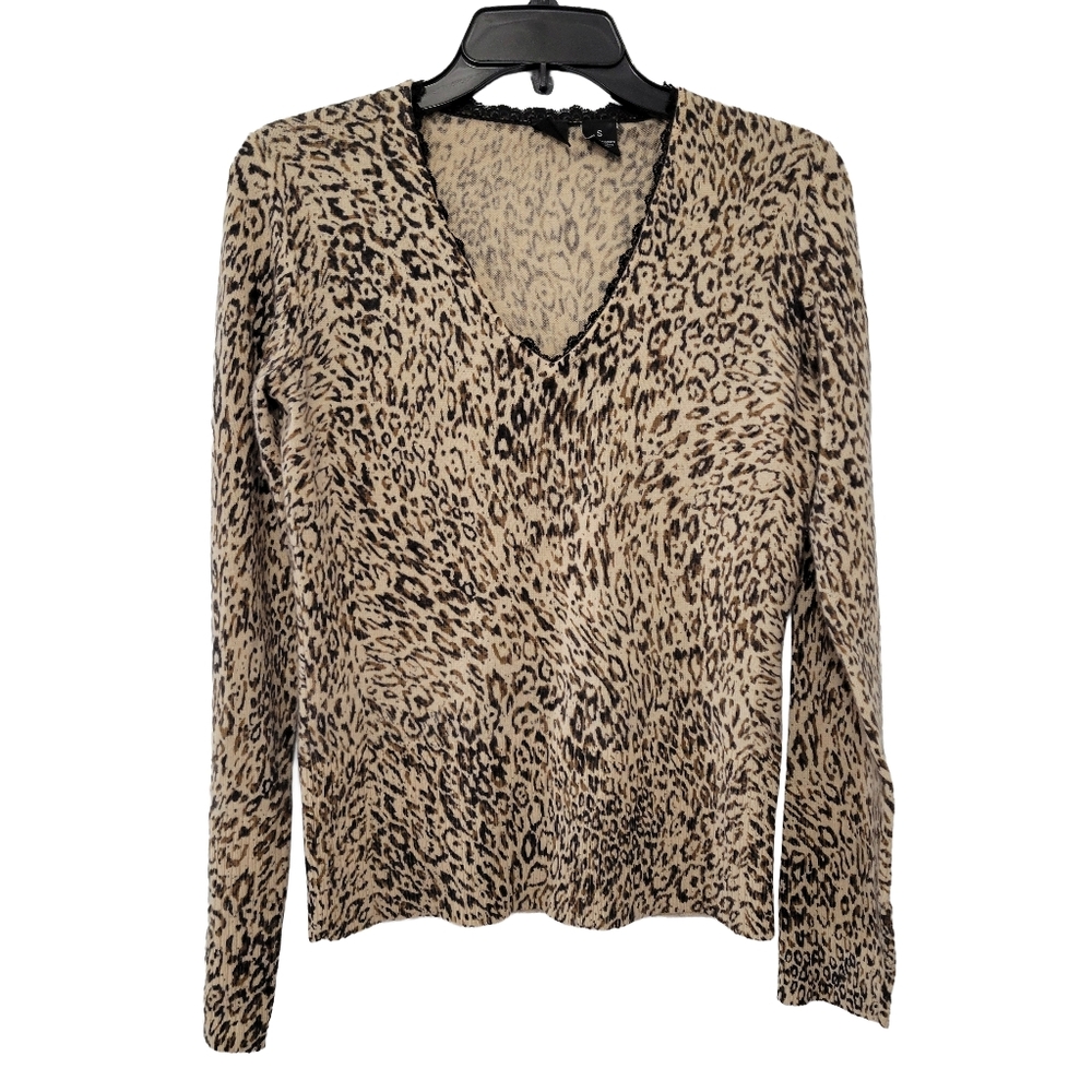 Saks Fifth Avenue Leopard Print V-Neck Sweater in Tan and Black